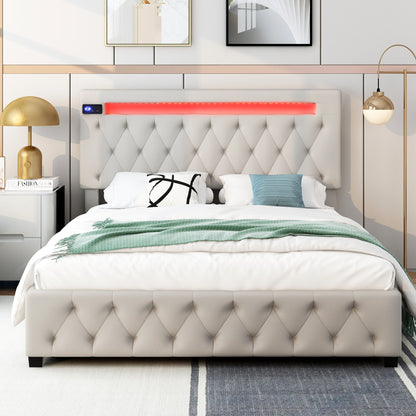 Upholstered Bed Featured with Bluetooth Audio, LED Light and USB Charging, Beige