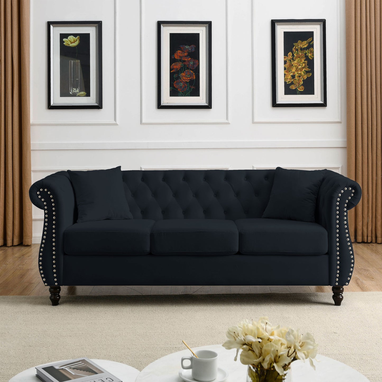 corrin chesterfield sofa set in black velvet