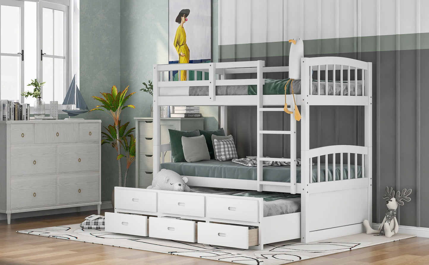 twin over twin wood bunk bed with trundle and drawers,white