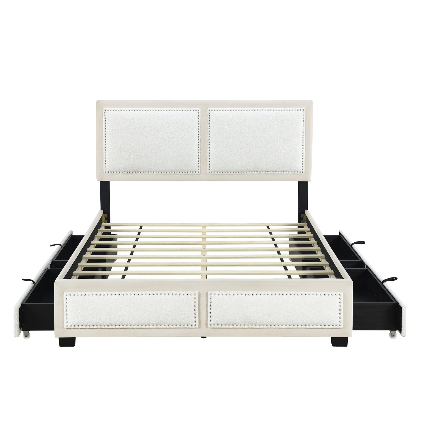 teddy upholstered platform bed with large rivet-decorated backrests and 4 drawers, velvet beige+white