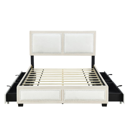 Teddy Upholstered Platform Bed with Large Rivet-decorated Backrests and 4 Drawers, Velvet Beige+White