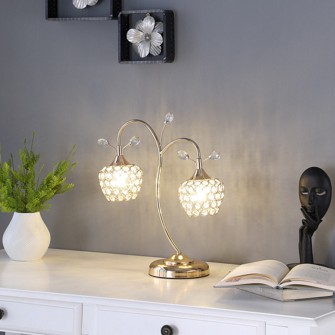 17.25" rose gold 2-floral bell glam metal table lamp