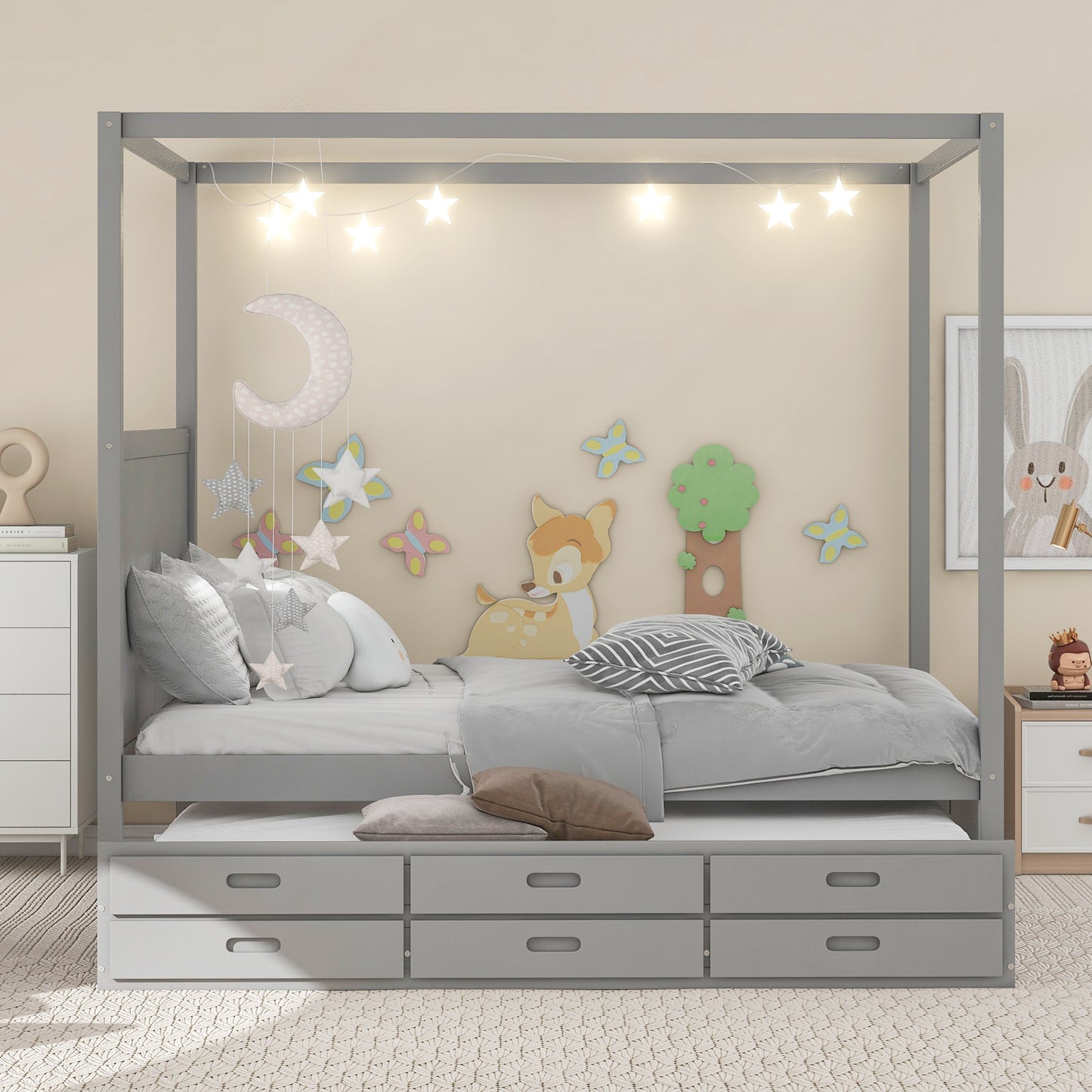 queen size canopy platform bed with twin size trundle and three storage drawers,gray