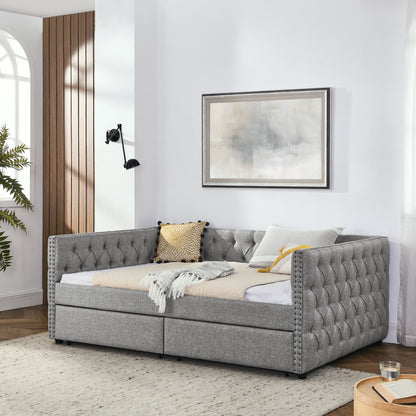 Upholstered Full Size Bed with Two Drawers, Grey