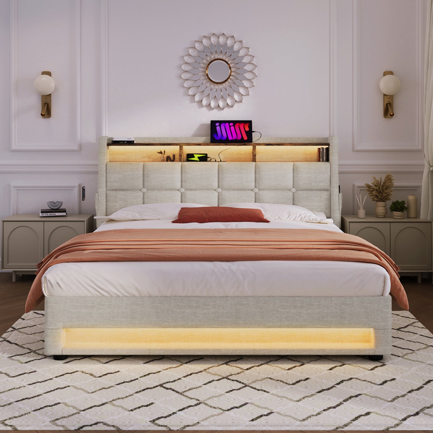 jody upholstered platform bed with a hydraulic storage system, led and usb charging,
