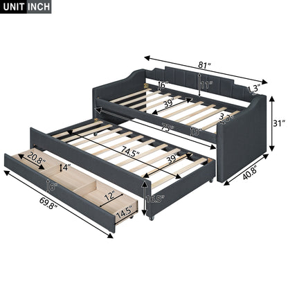 Upholstered Bed with Trundle and Three Drawers, Grey
