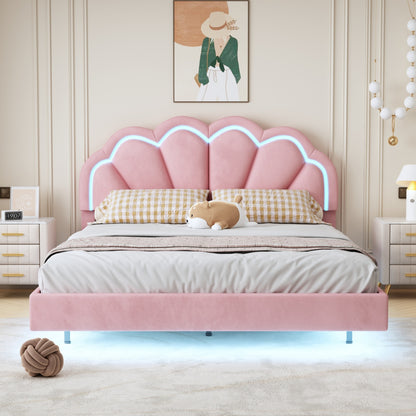 Floating Velvet Elegant Smart LED Platform Bed