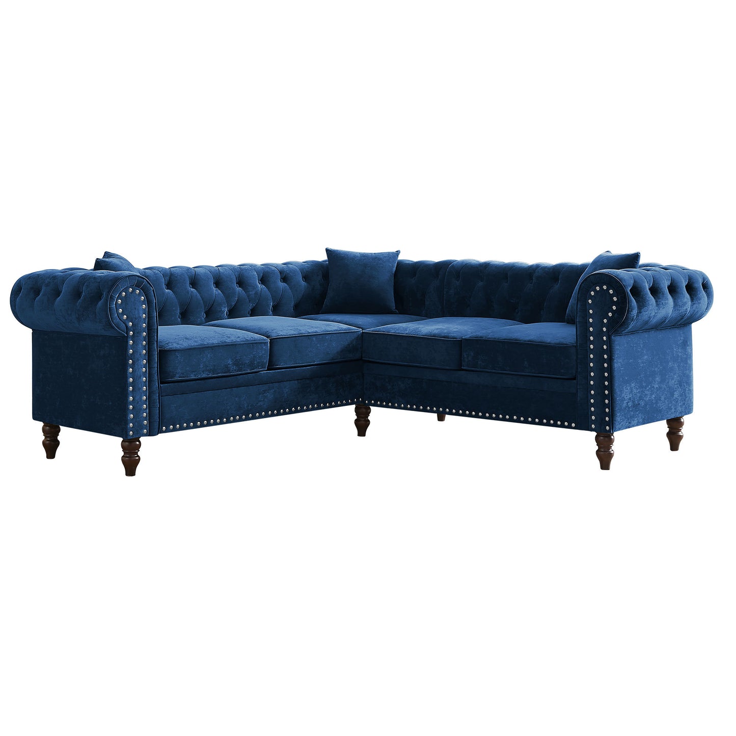 luxury classic chesterfield l-shaped sofa 3 pillows included, blue velvet