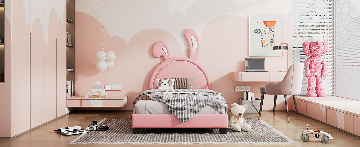 twin size upholstered leather platform bed with rabbit ornament, pink