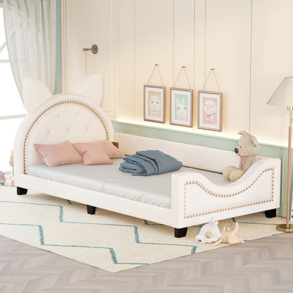 Upholstered Bed with Carton Ears Shaped Headboard, White
