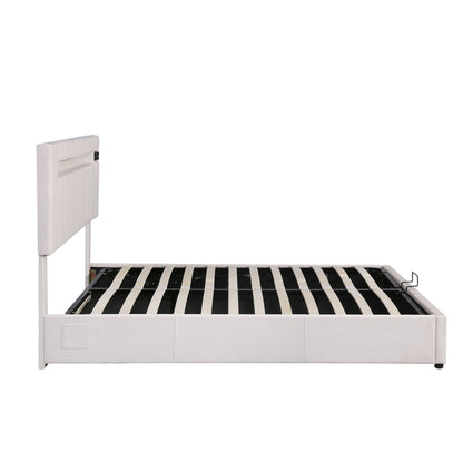 Velvet Upholstered Hydraulic Storage Bed with LED light, Bluetooth Player, and USB Charging
