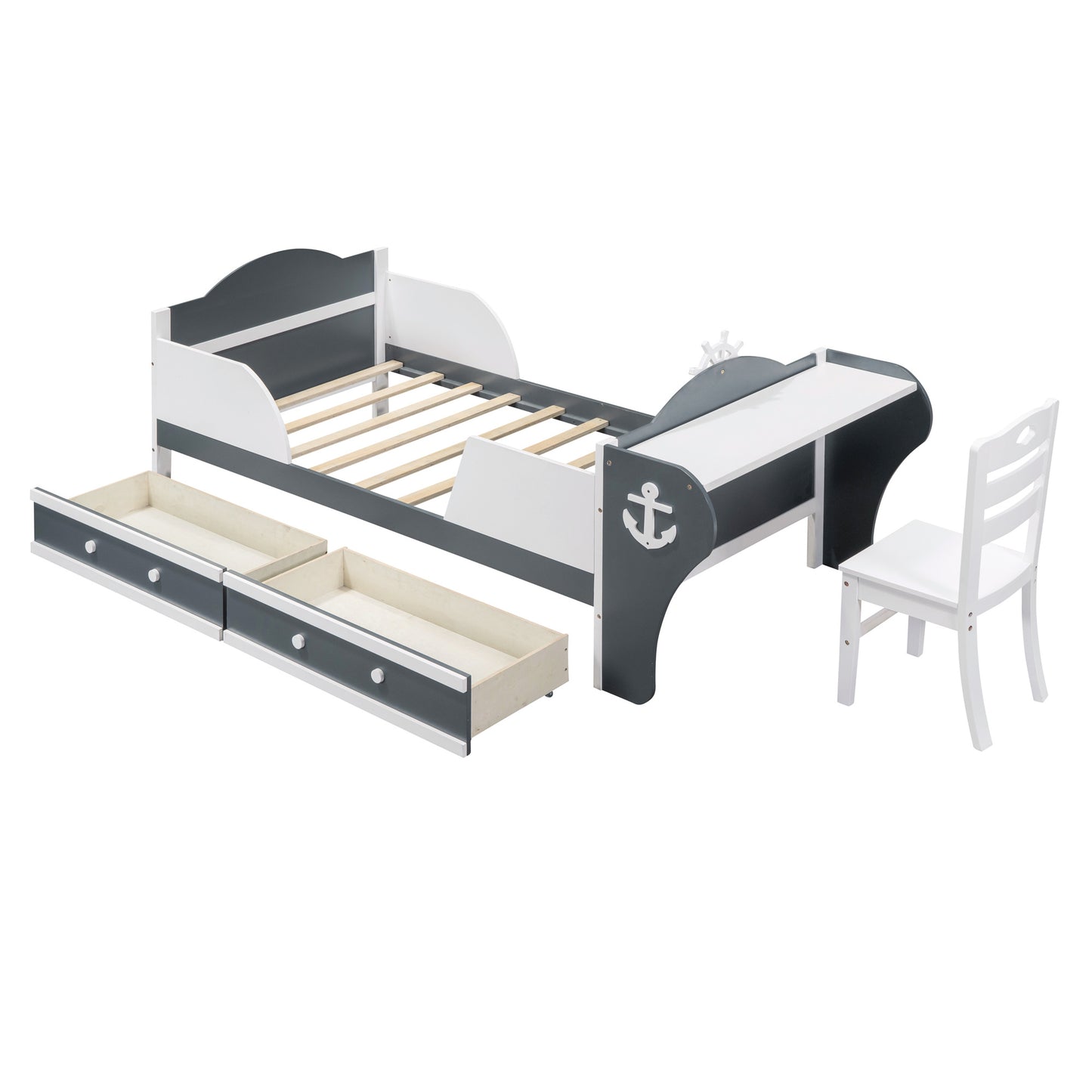 boat-shaped platform bed with two drawers, desk and chair, white+gray