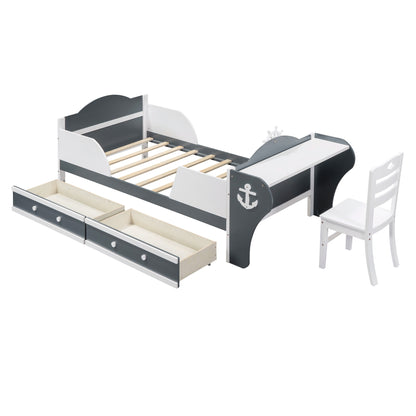Boat-Shaped Platform Bed with Two Drawers, Desk and Chair, White+Gray