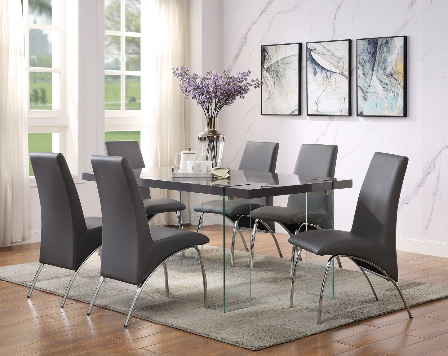 acme noland dining table, gray high gloss & clear glass