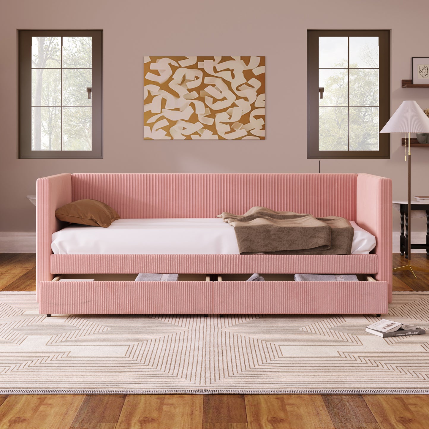 corduroy bed with two drawers and wood slat, pink