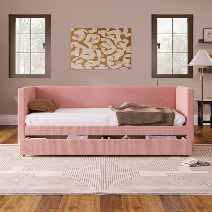 Corduroy Bed with Two Drawers and Wood Slat, Pink