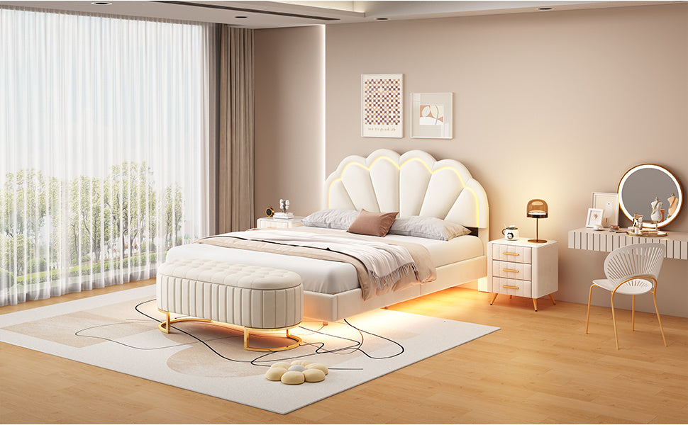 upholstered led platform bed with storage ottoman