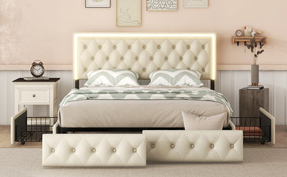 Upholstered Leather LED Headboard Bed Frame with 4 Storage Drawers, Beige