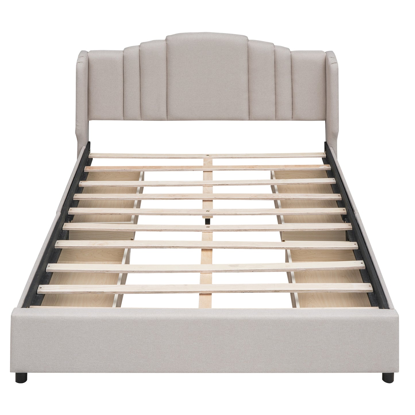 mie upholstered platform bed with wingback headboard and 4 drawers
