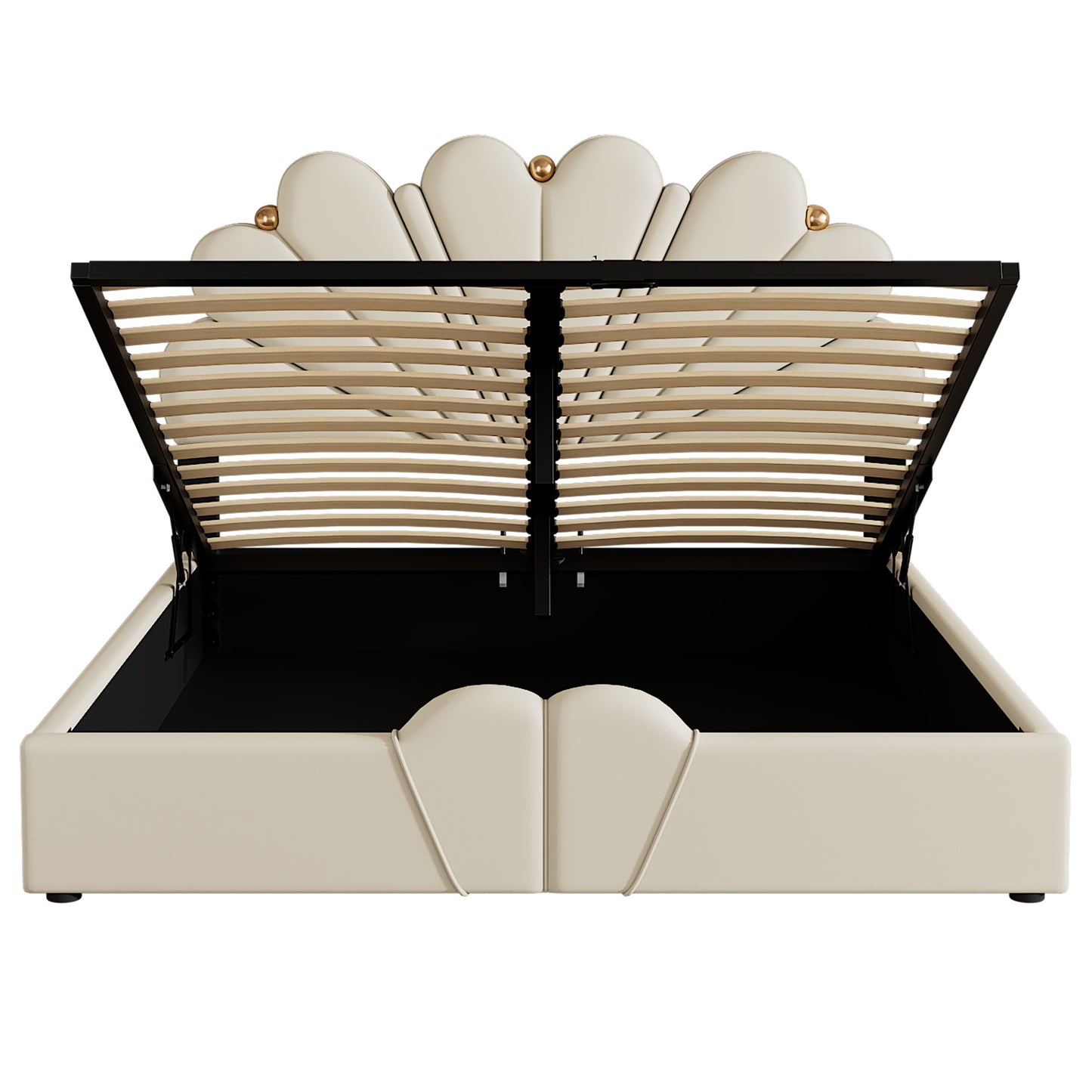 upholstered petal shaped platform bed with hydraulic storage system, pu storage bed, beige