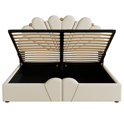 Upholstered Petal Shaped Platform Bed with Hydraulic Storage System, PU Storage Bed, Beige
