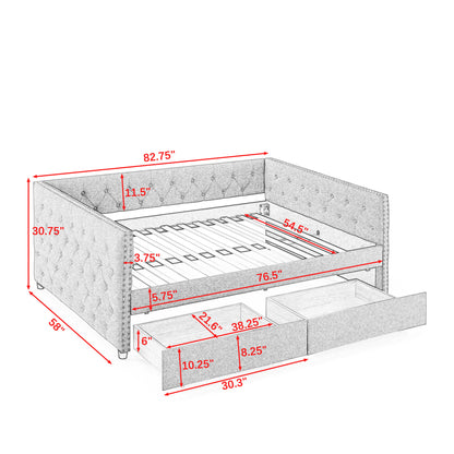 Upholstered Full Size Bed with Two Drawers, Beige