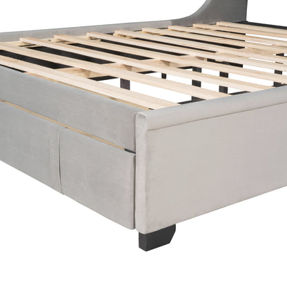 Modern Velvet Upholstered Platform Bed with Wingback Headboard and a Big Drawer