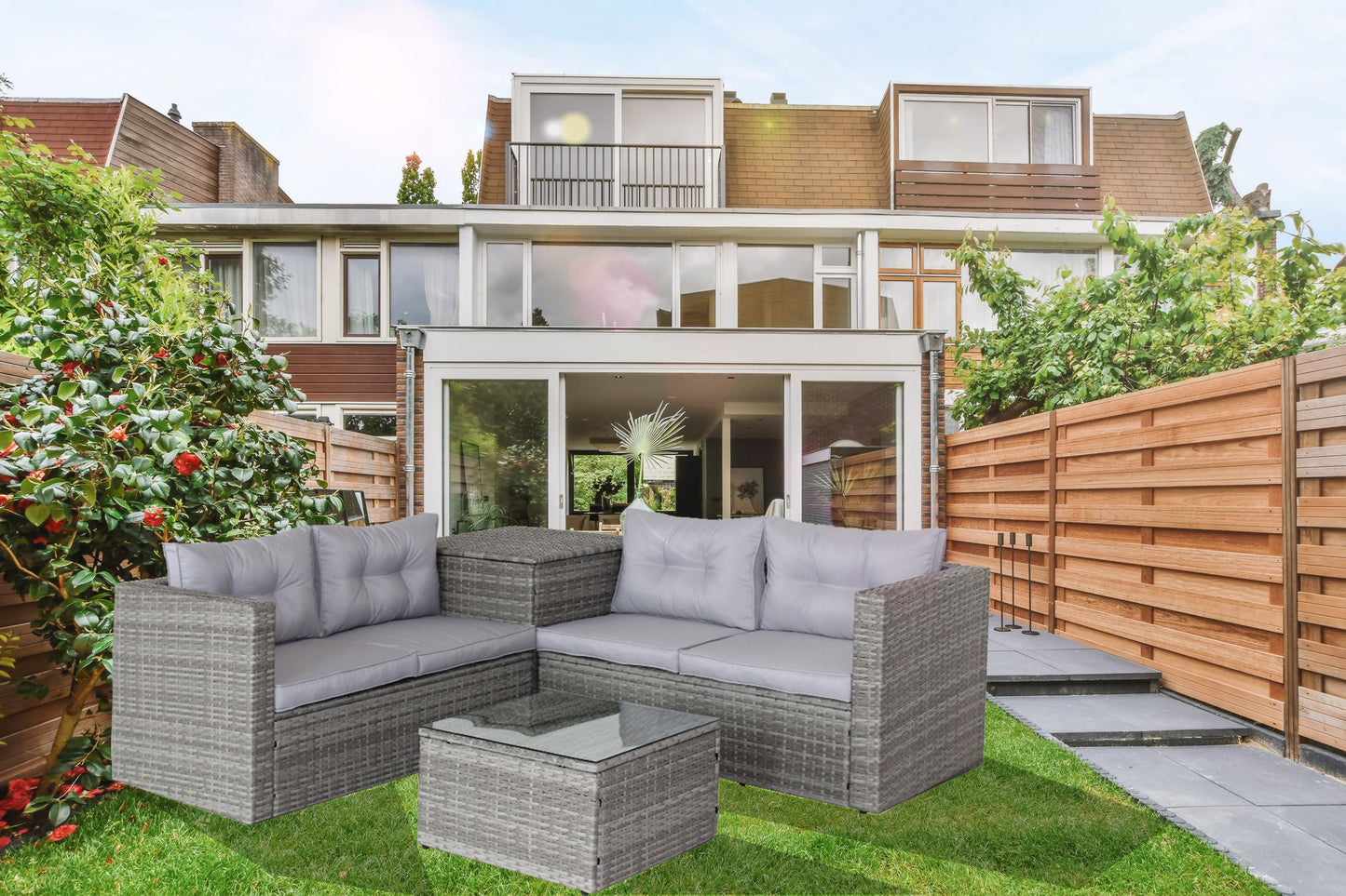 4 piece patio sectional wicker rattan outdoor furniture sofa set with storage box grey