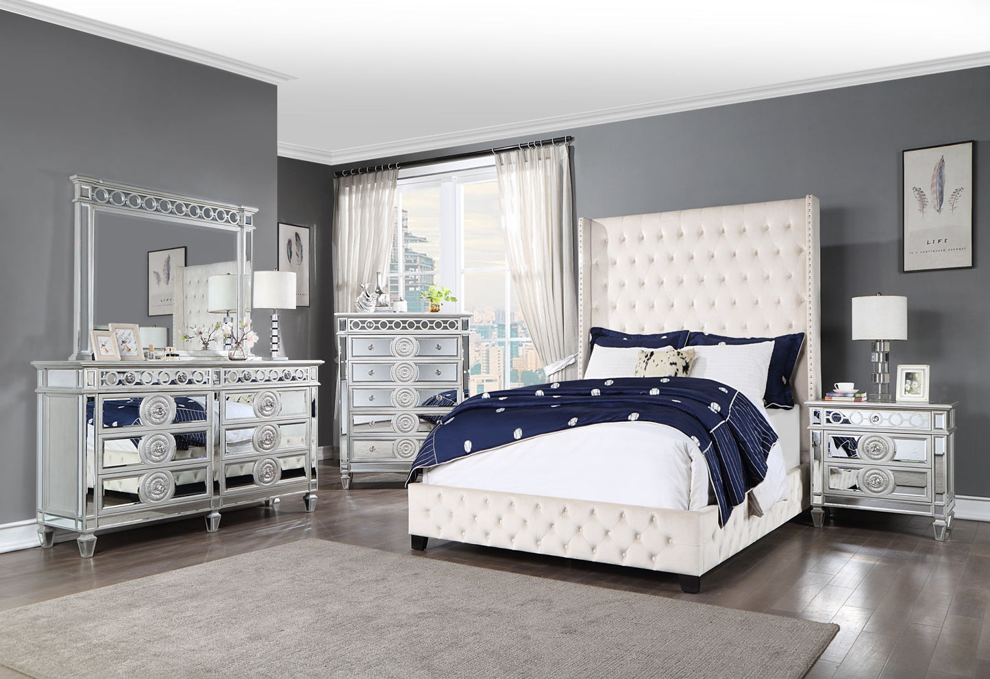 acme fabrice queen bed, beige velvet bd00965q
