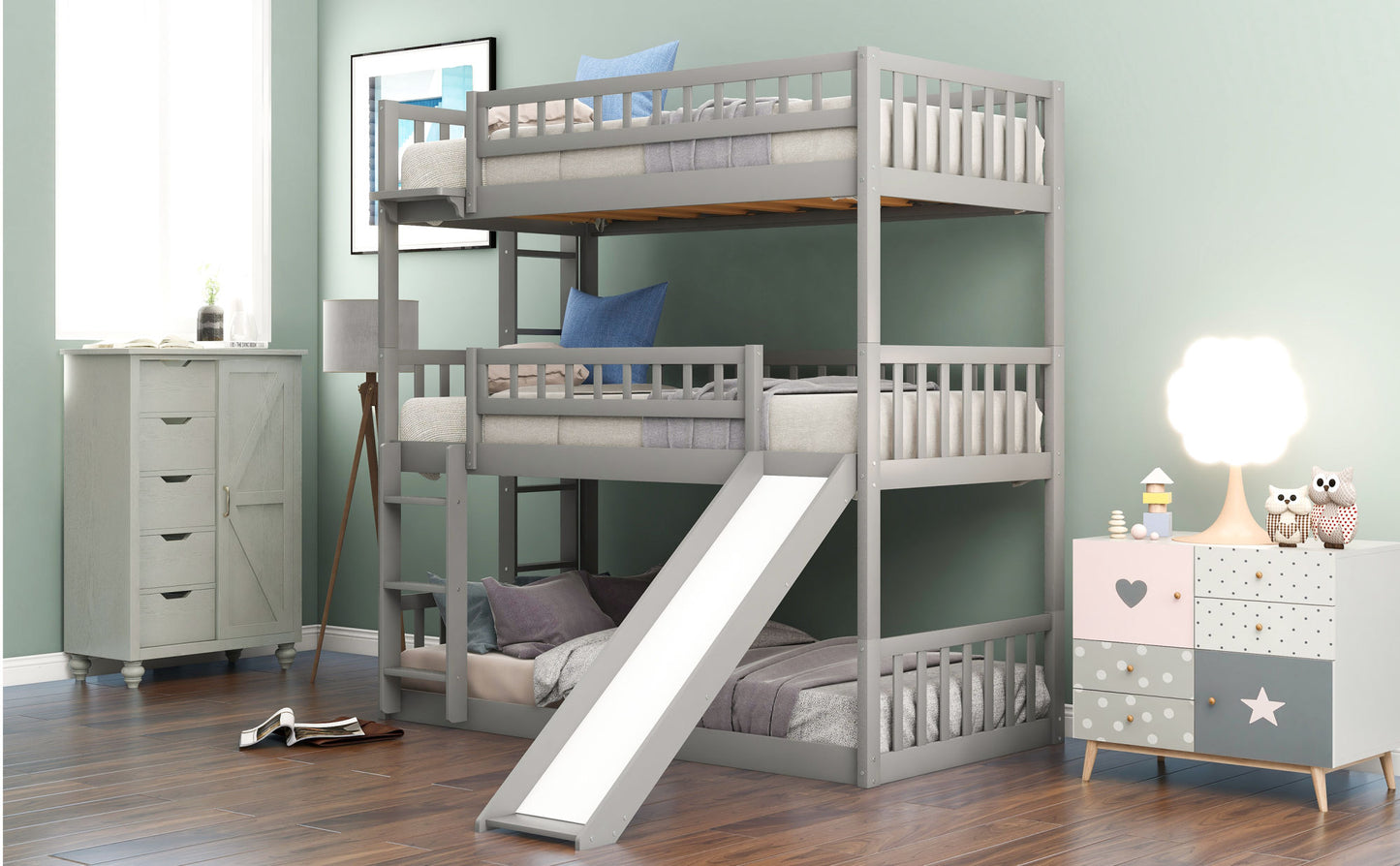 twin-over-twin-over-twin triple bed with built-in ladder and slide