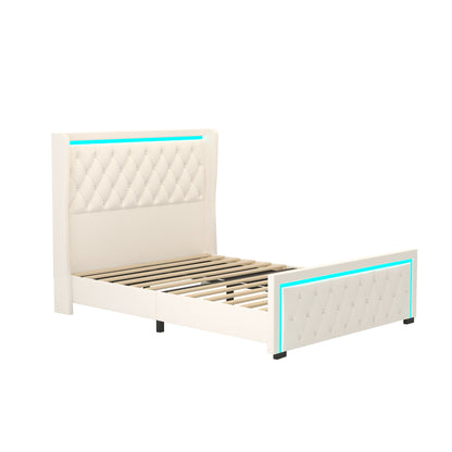 Velvet Upholstered Bed with Deep Tufted Buttons & Adjustable Colorful LED Light, Beige