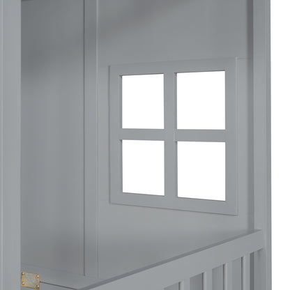 Wood House Bed With Twin Size Trundle, Gray