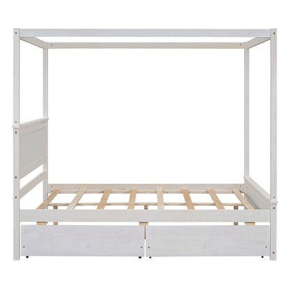Wood Canopy Bed with two Drawers, White