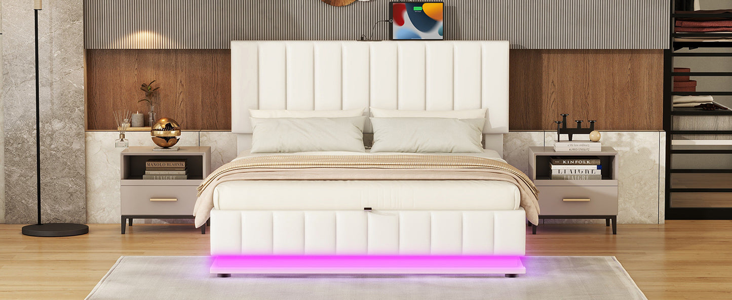 upholstered bed with hydraulic storage system and led light, sockets, and usb ports, white