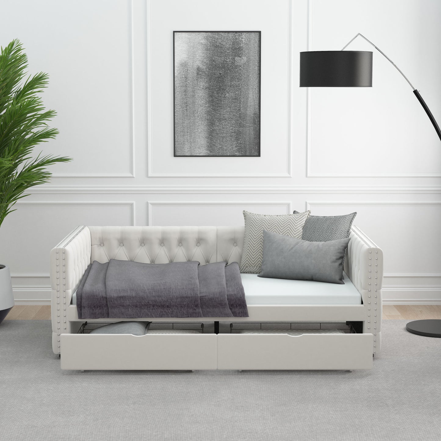 velvet upholstered tufted bed with drawers, white