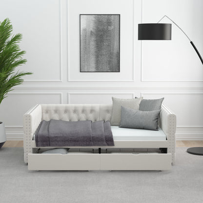 Velvet Upholstered Tufted Bed with Drawers, White
