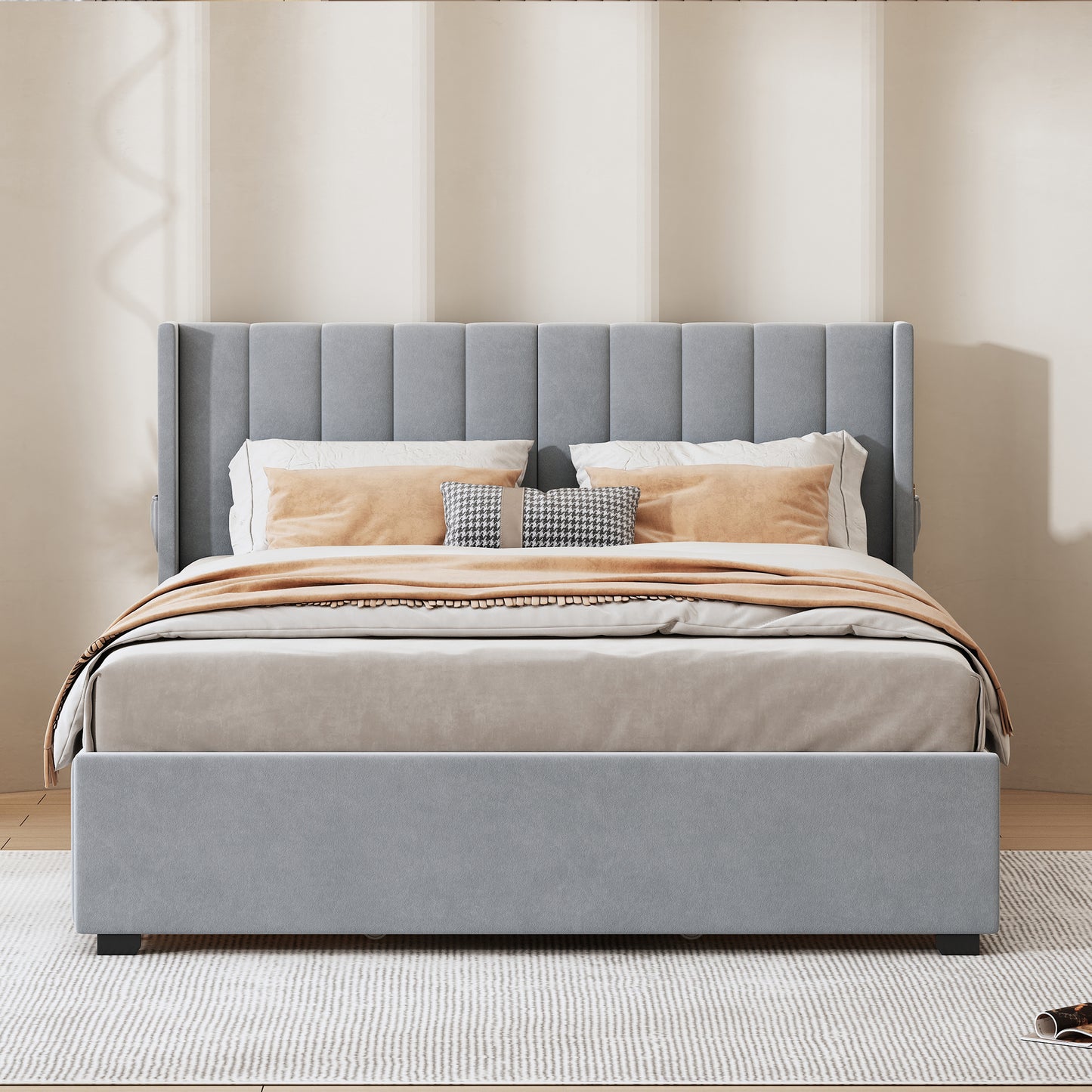 queen size upholstered bed with 4 drawers, gray