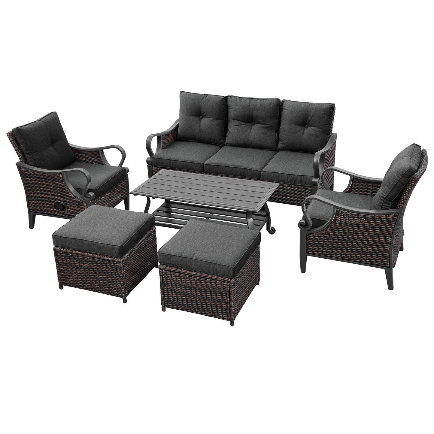 6 pcs outdoor sectional sofa with reclining backrest, ottomans, black cushions