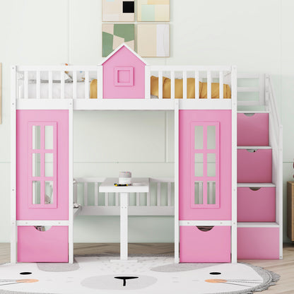 Full-Over-Full Bunk Bed with Changeable Table, Pink