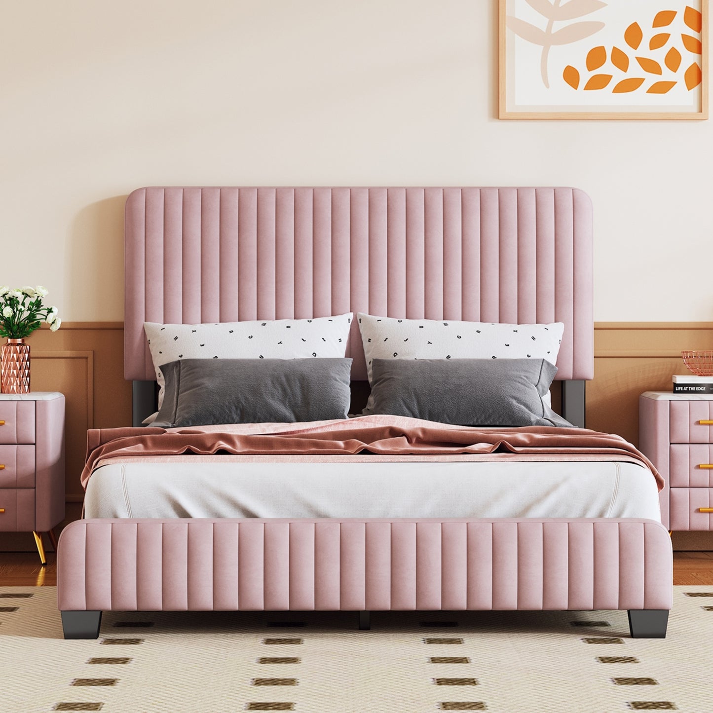 emily upholstered platform bed, pink