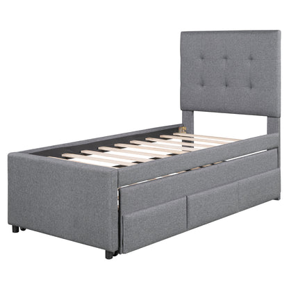 Upholstered Platform Bed with Pull-out Twin Size Trundle and 3 Drawers, Gray