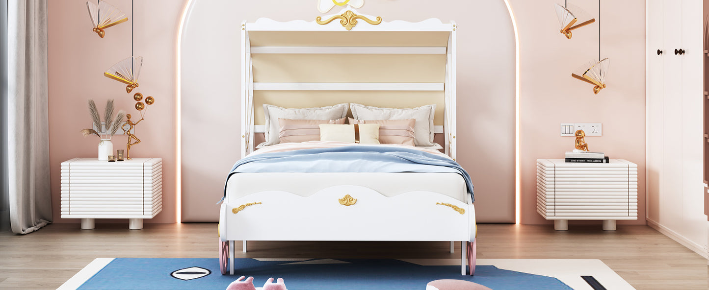 princess carriage bed with canopy, white+pink+gold