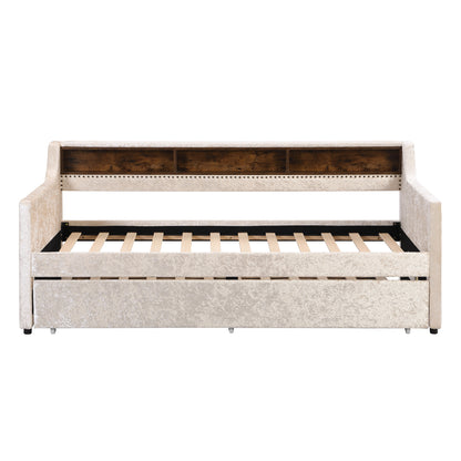 Twin Size Snowflake Velvet Bed with Built-in Storage Shelves, Beige
