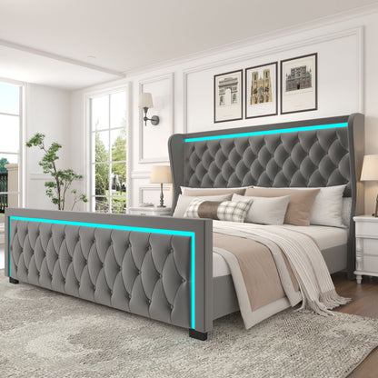 Velvet Upholstered Bed with Adjustable Colorful LED Light Decorative Headboard