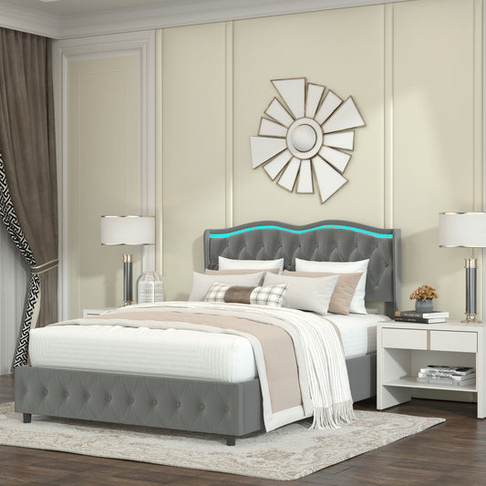 Velvet Upholstered Bed with Deep Tufted Buttons, Adjustable Colorful LED Light Decorative Headboard, Bed Sides with Pull-Out Storage 4 Drawers, Grey