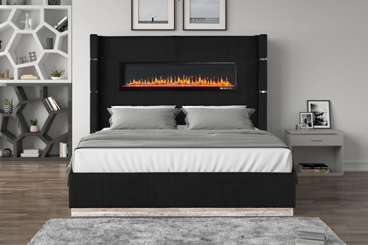 lizelle upholstery wooden queen bed with ambient lighting in black velvet finish