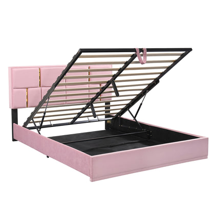 Upholstered Platform Bed with Hydraulic Storage System, Pink