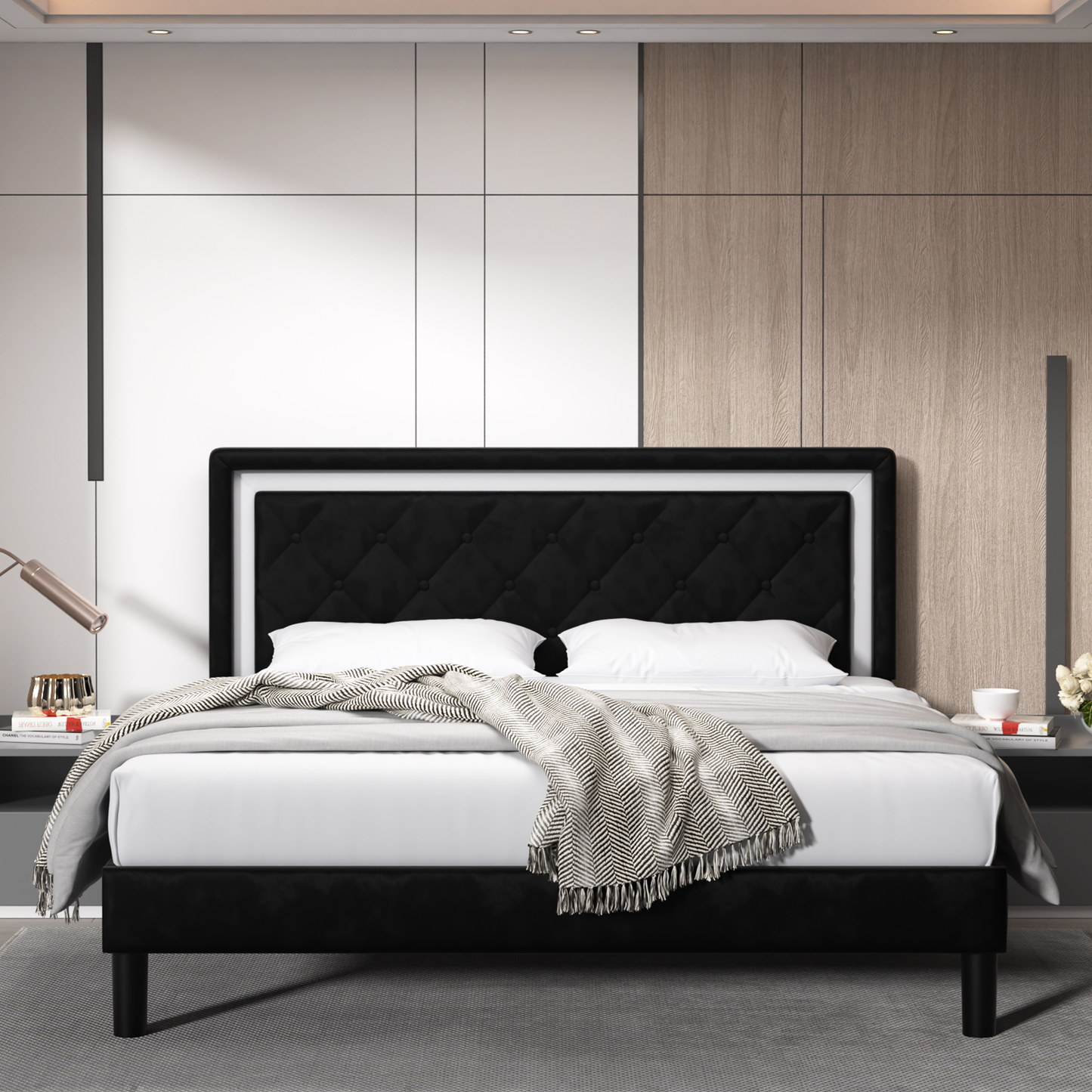 david platform bed with upholstered headboard and slat support