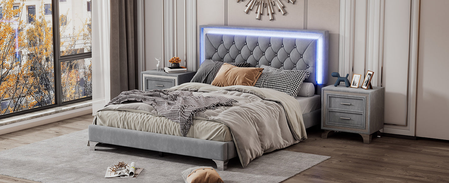 3-pieces upholstered platform bed with led lights and two nightstands-gray