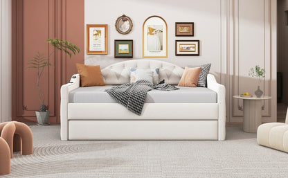 Zara Tufted Upholstered Bed with Trundle, USB&Type-C Charging Ports, Beige